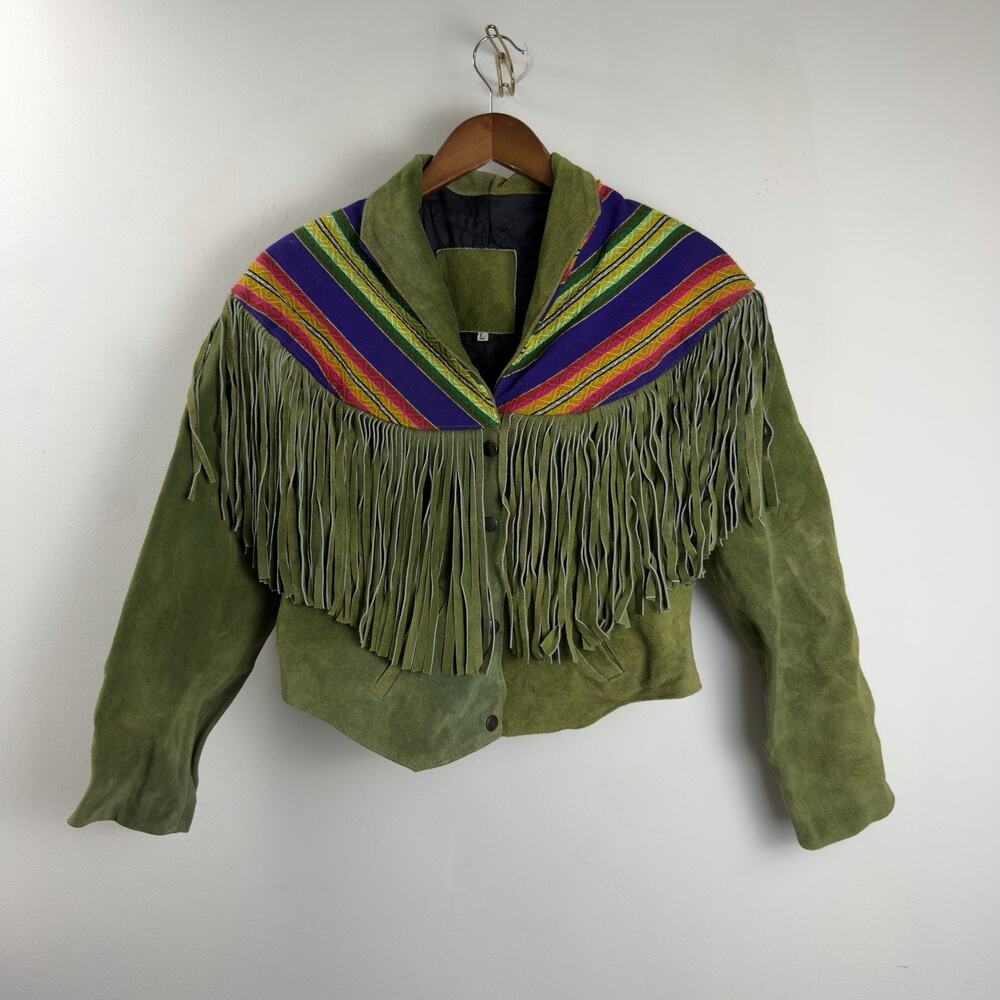 Vtg Chasser Fringe Leather Jacket Western Black Suede 90s Boho Womens L Cowgirl
